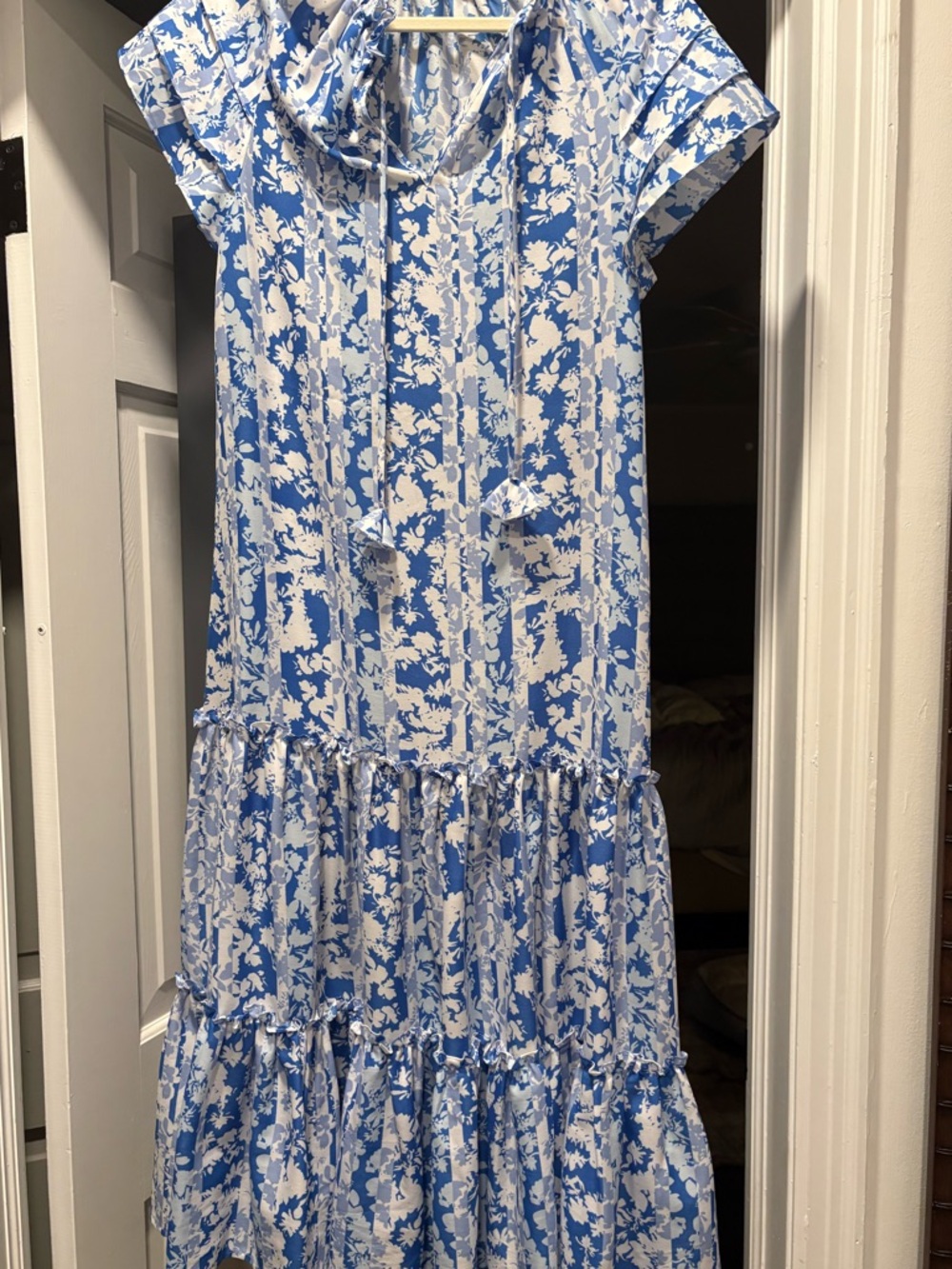 Marie Oliver Blue and White Floral Ruffle Neck Dress